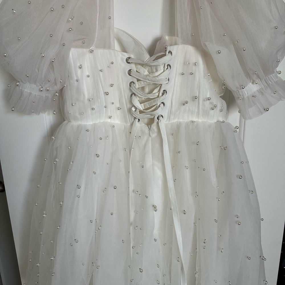 White Pearl Mini Puff Sleeve Dress - Picture 3 of 4